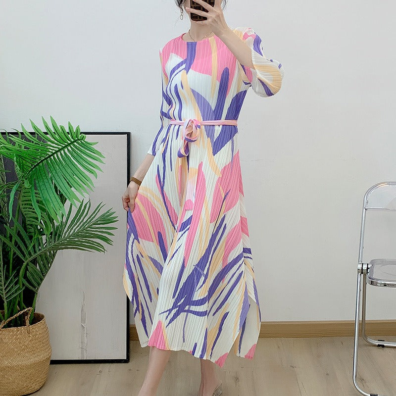 Pleated dress, printed, elegant, high-end, loose, slim, round neck, sleeveless summer pleated skirt
