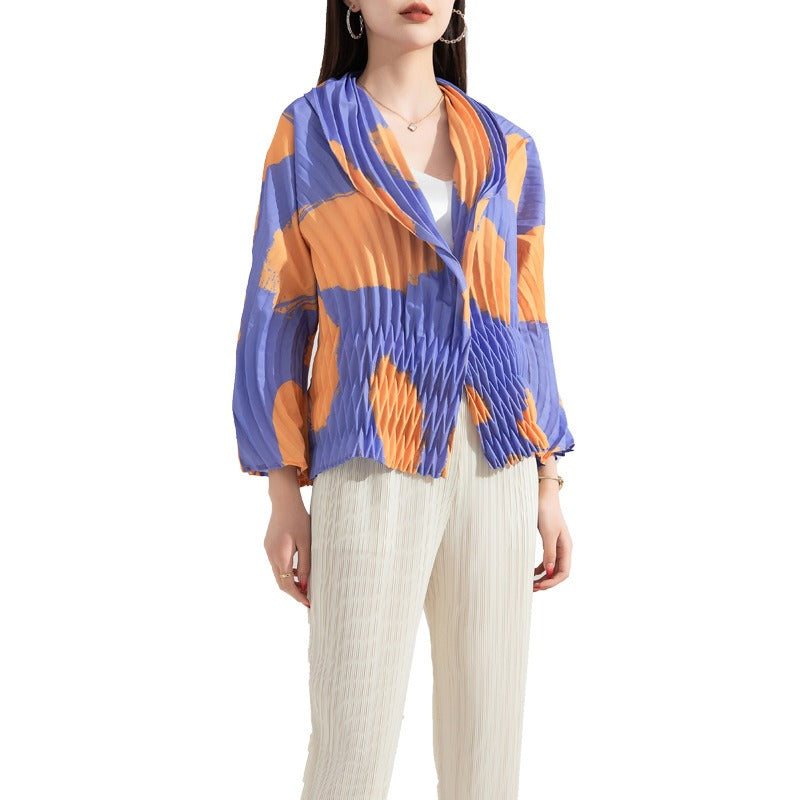 High-end pleated fashionable printed small jacket for women with hand-pleated suit collar