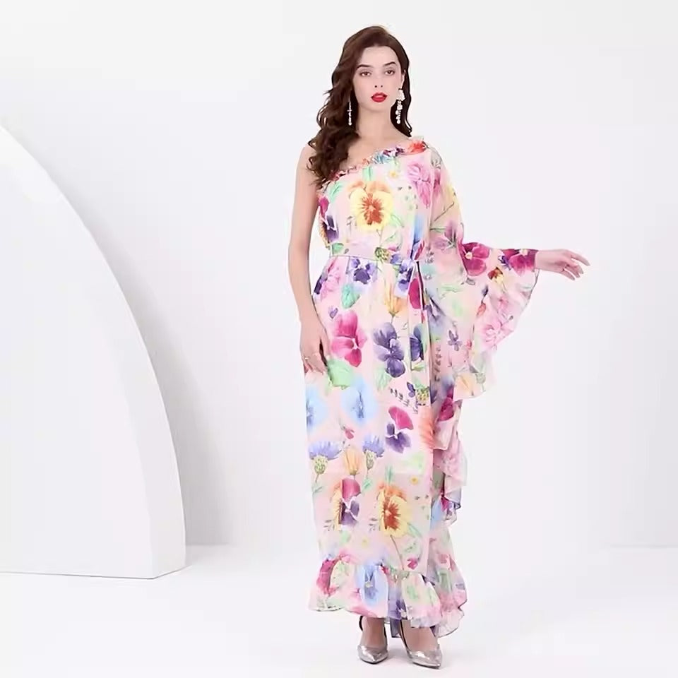 Single Shoulder Wooden Ear Strap Long Wide Swing Printed Dress