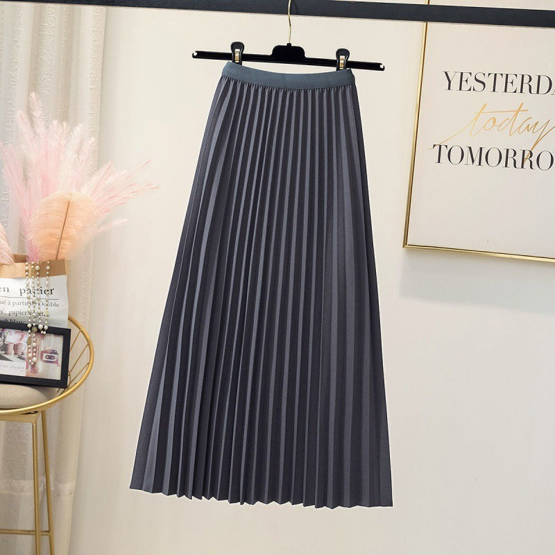 High waisted pleated skirt women's mid length A-line skirt draped and loose large hem skirt