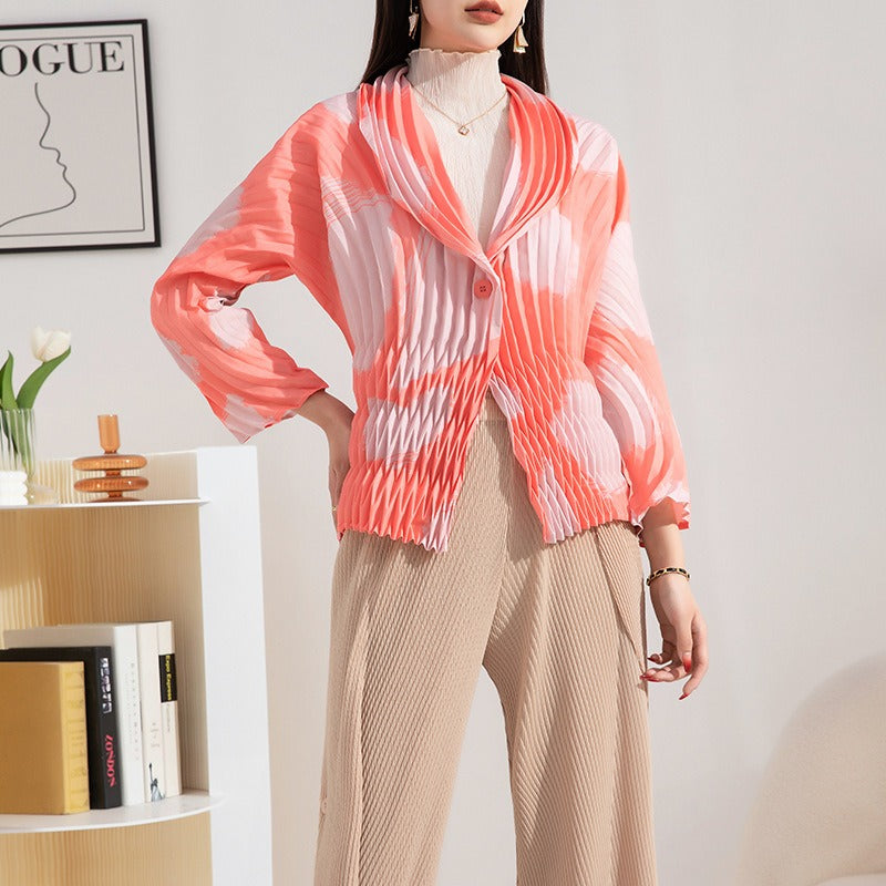 High-end pleated fashionable printed small jacket for women with hand-pleated suit collar